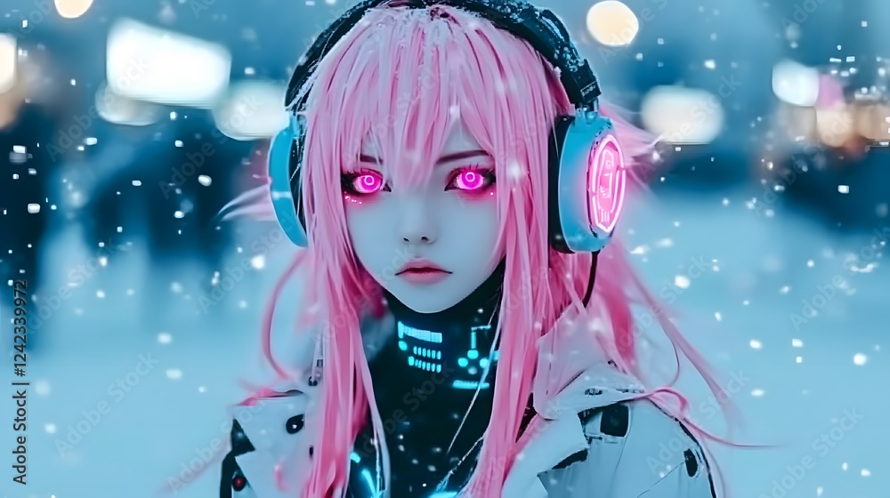 A beautiful woman with vibrant pink hair wearing cyberpunk-style headphones, standing in a snowy winter landscape. Her glowing eyes and futuristic aesthetic create a striking contrast against the cold A beautiful woman with vibrant pink hair wearing cyberpunk-style headphones, standing in a snowy winter landscape. Her glowing eyes and futuristic aesthetic create a striking contrast against the cold