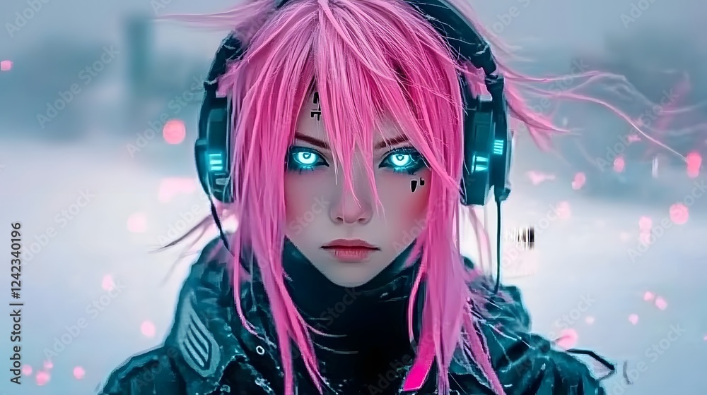 A beautiful woman with vibrant pink hair wearing cyberpunk-style headphones, standing in a snowy winter landscape. Her glowing eyes and futuristic aesthetic create a striking contrast against the cold A beautiful woman with vibrant pink hair wearing cyberpunk-style headphones, standing in a snowy winter landscape. Her glowing eyes and futuristic aesthetic create a striking contrast against the cold