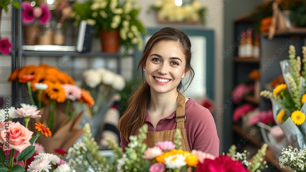 Smiling young woman in front of flower stand
concept of happiness, floral, beauty Smiling young woman in front of flower stand
concept of happiness, floral, beauty