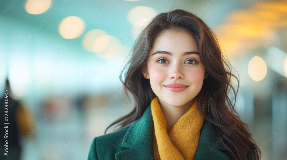 Obraz premium cheerful young woman with long dark hair smiles warmly, wearing green coat and yellow scarf in bright, modern environment