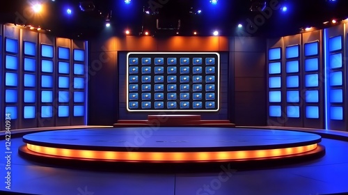 Large game show set with blue lighting, a central big screen, and yellow LED panels on each side. A futuristic stage design featuring a circular platform for the host, surrounded by empty chairs