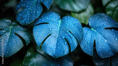 Wet tropical leaves glow with drops; lush foliage blurred background, usable as wallpaper