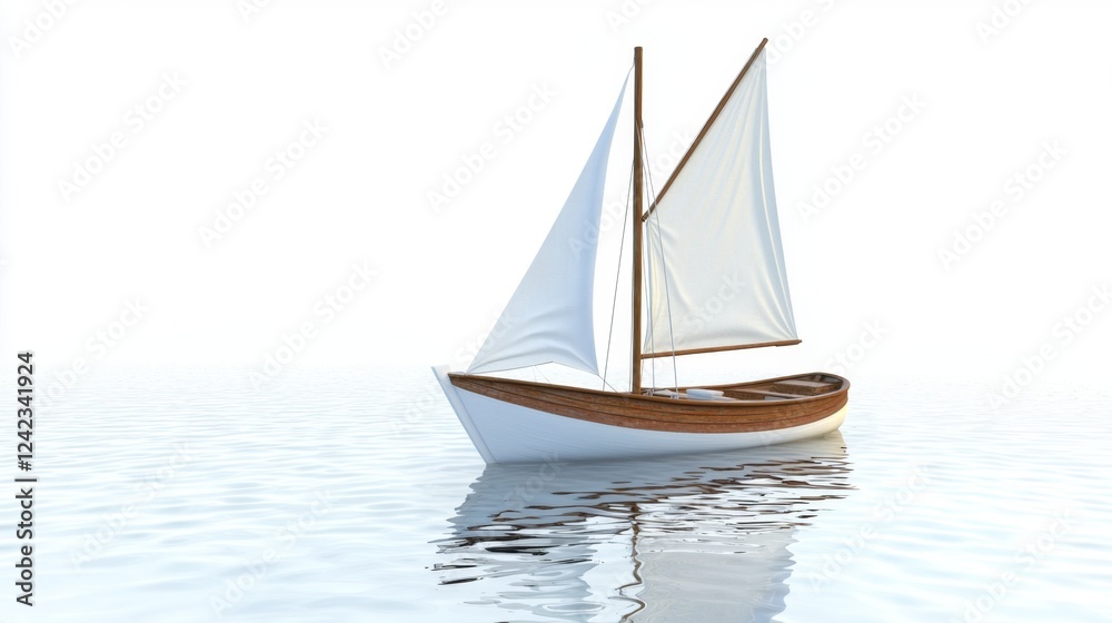 Fototapeta premium Elegant Wooden Sailboat Gliding on Calm Waters with Soft Reflections Against a Minimalist Bright Background