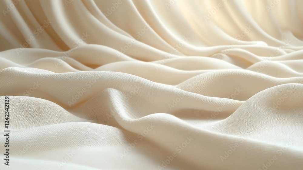 Obraz premium Soft, flowing cream-colored fabric draped elegantly, creating gentle waves and shadows in bright light