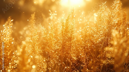 Golden grass swaying gently in sunlight, creating a warm, serene atmosphere in nature photo