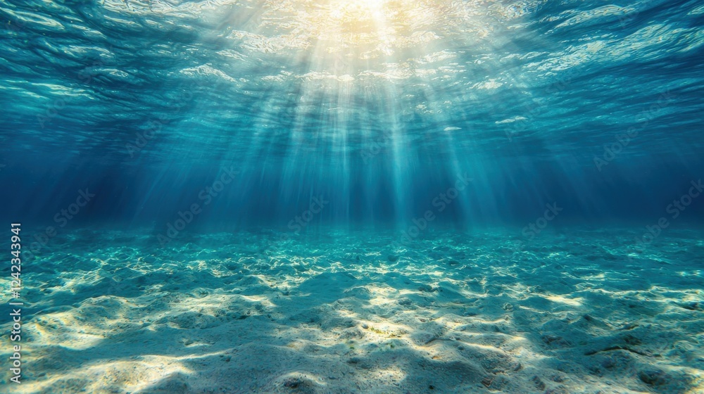 Fototapeta premium Sunbeam illuminating the underwater scene in the ocean with clear blue water