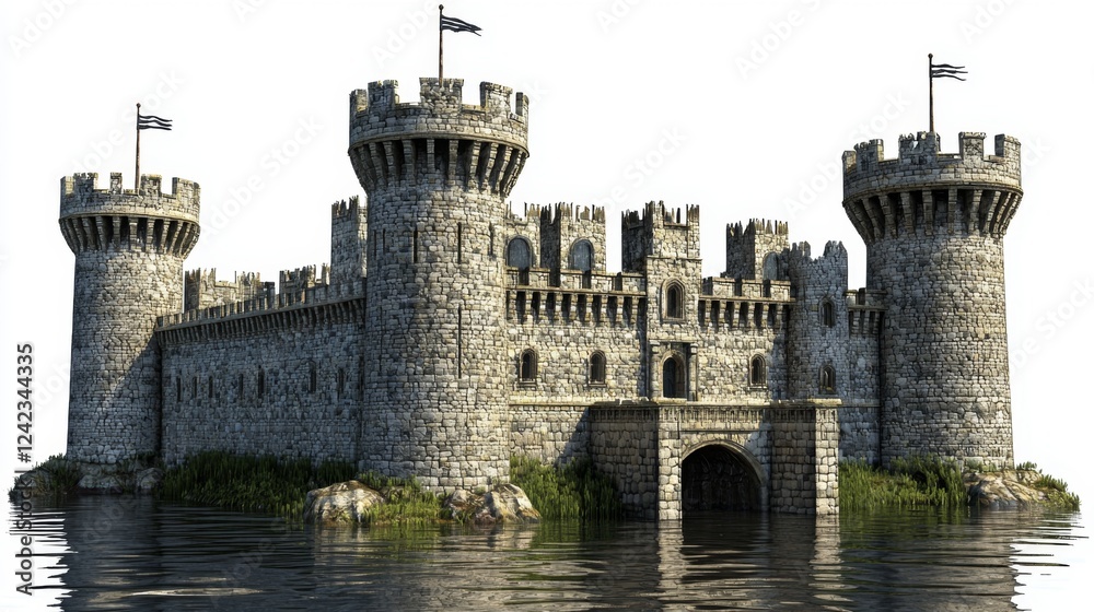 Majestic Stone Castle Surrounded by Water with Flags on Towers and Lush Greenery in Bright Atmosphere Majestic Stone Castle Surrounded by Water with Flags on Towers and Lush Greenery in Bright Atmosphere