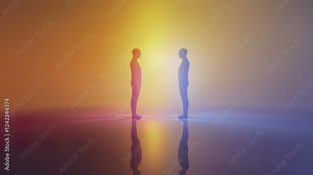 Fototapeta premium Two abstract human figures connected by a glowing bond, symbolizing unity and connection in a minimalist design.