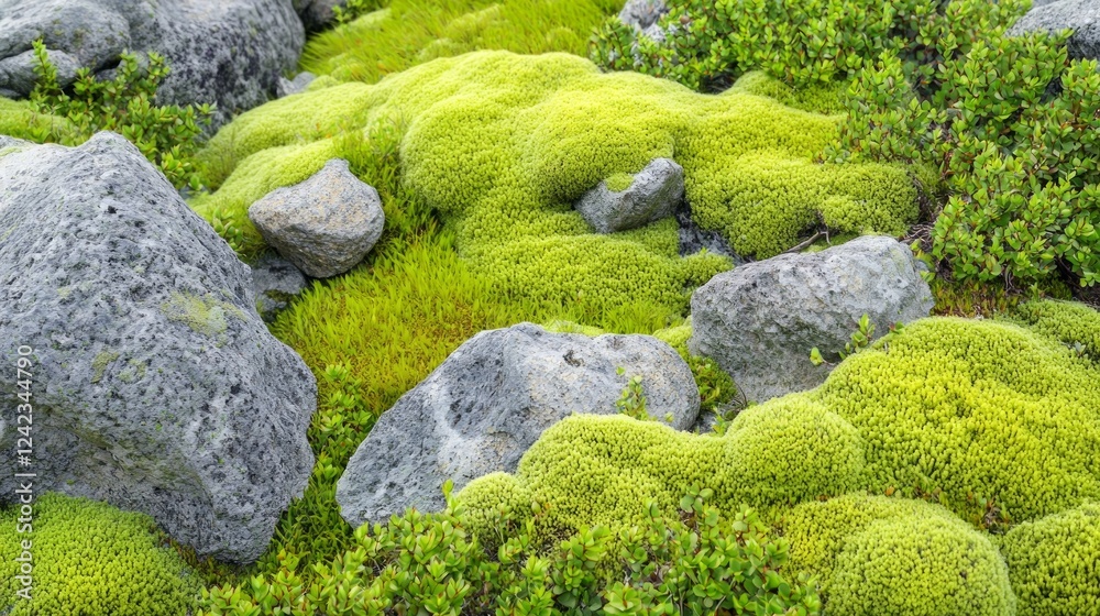 Early Autumn Vista of Golden Tundra with Lush Greenery and Rocks Early Autumn Vista of Golden Tundra with Lush Greenery and Rocks