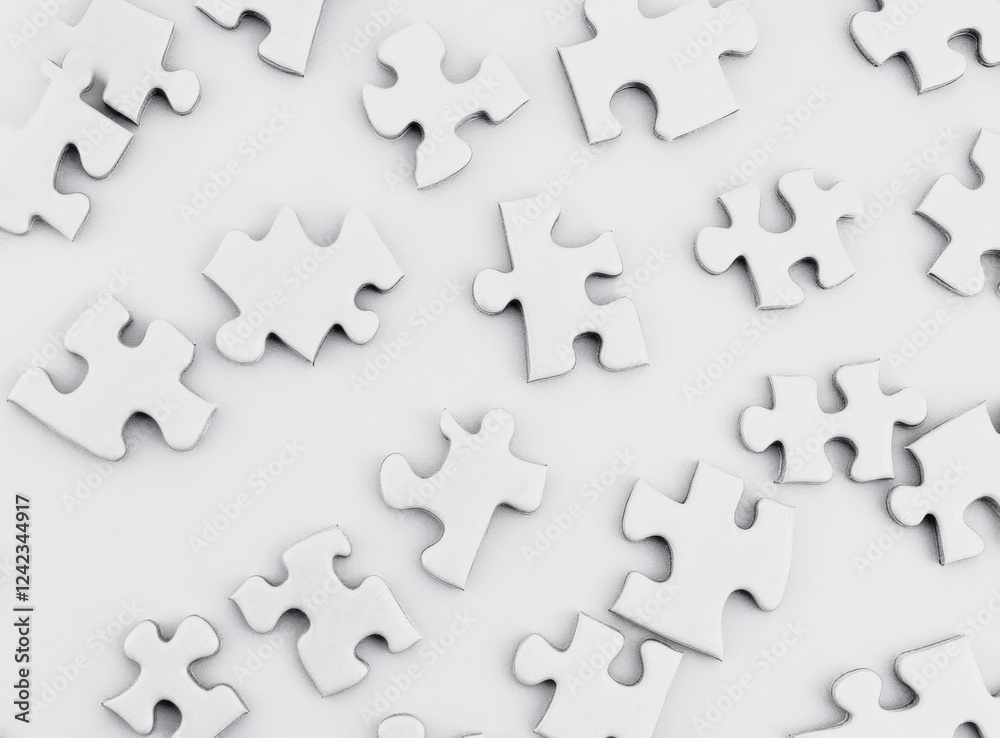 White puzzle pieces scattered on surface, teamwork concept White puzzle pieces scattered on surface, teamwork concept