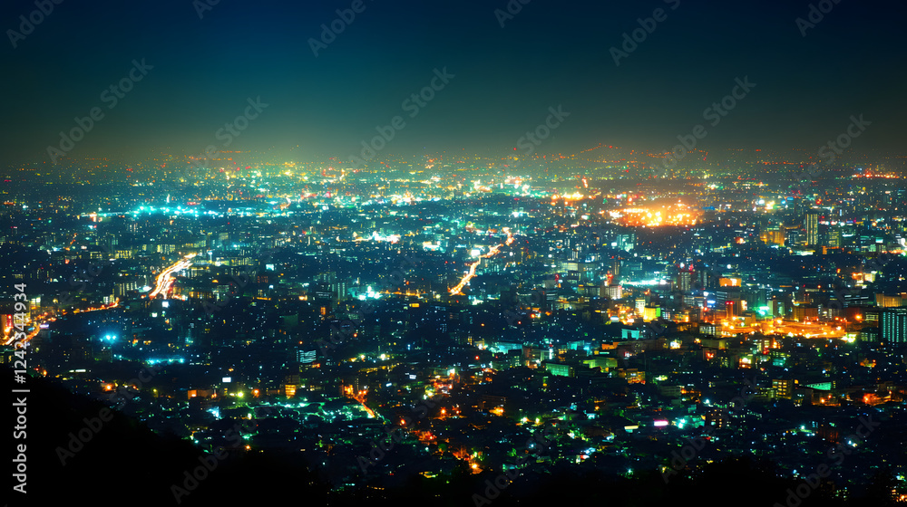 Fototapeta premium Microgrids in an urban area at night illuminated by city lights view