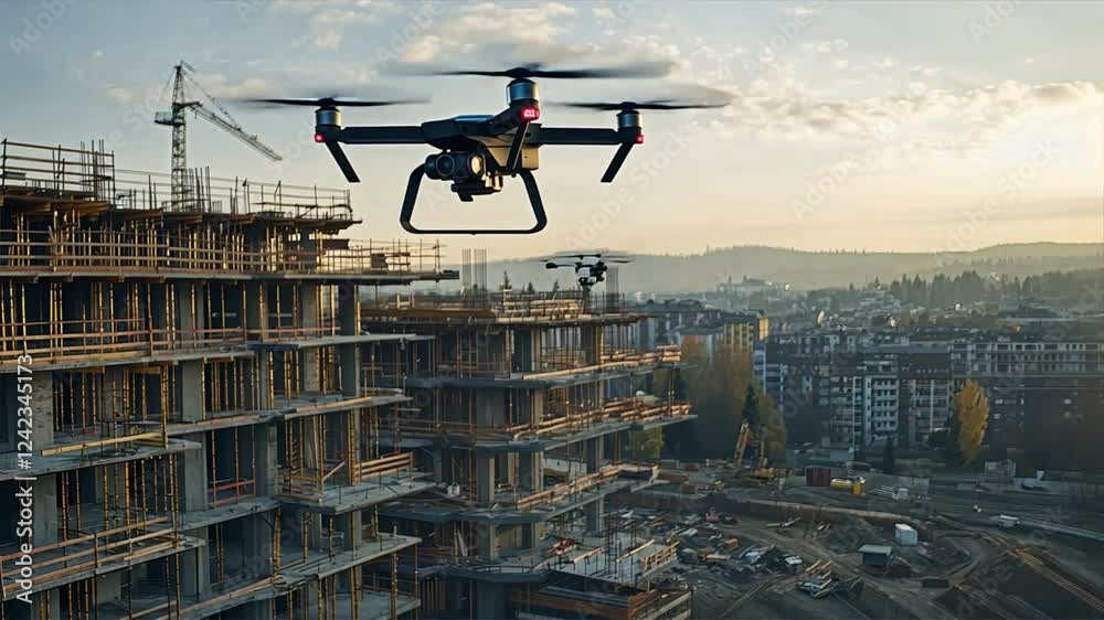 Drone Aerial View Over Construction Site at Sunset with City Skyline