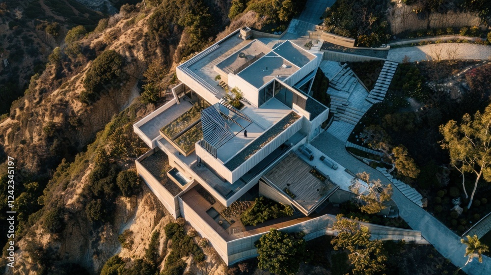 aerial corner view of a mansion located in malibu. Thick concrete elements aerial corner view of a mansion located in malibu. Thick concrete elements