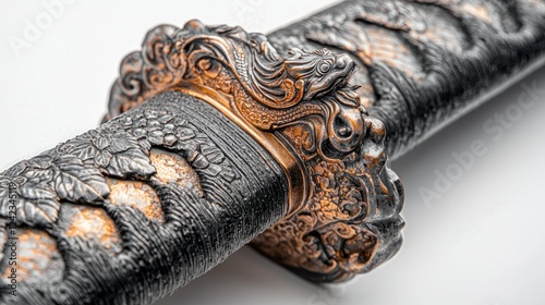 Ornate katana scabbard detail, studio shot, white background, Asian art
