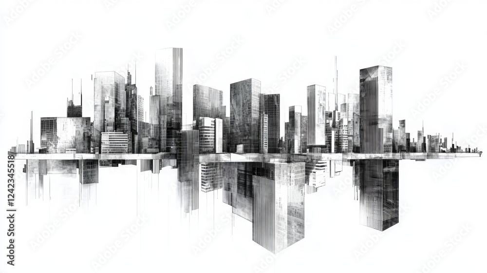 Obraz premium Abstract Cityscape Illustration with Skyscrapers and Reflection in Monochrome Style for Modern Interior Design Projects