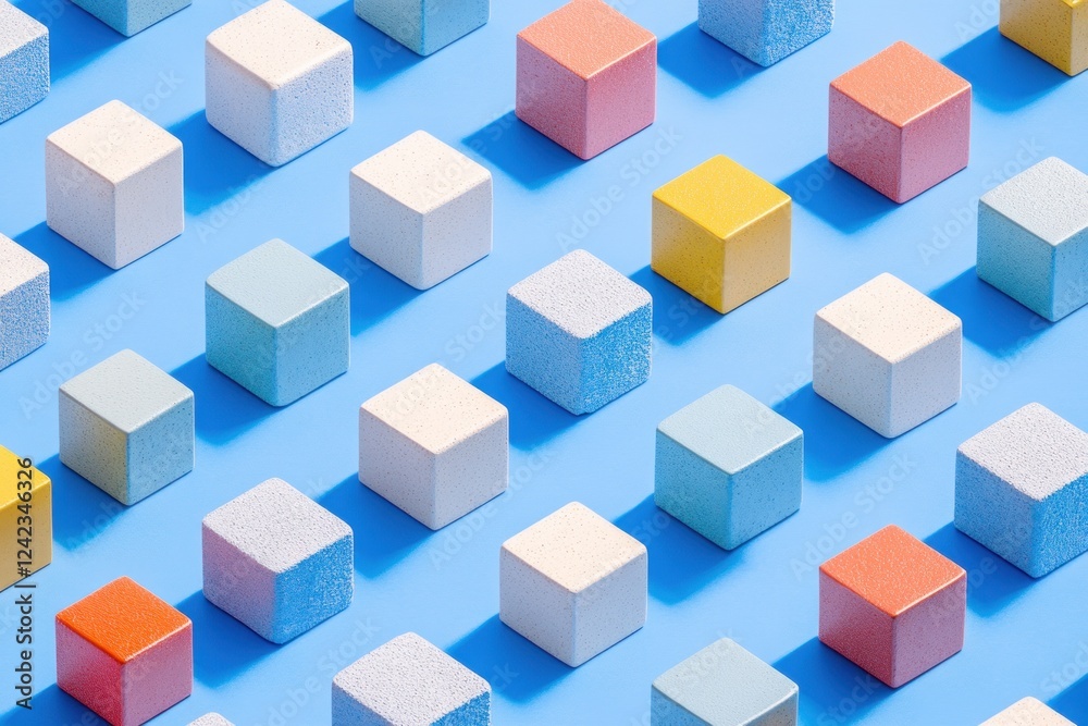 Fototapeta premium Colorful cubes arranged in a repeating pattern on a blue background.