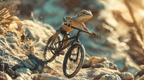 Fototapeta Naklejka Na Ścianę i Meble -  Lizard riding a bicycle on a rocky trail in a natural outdoor environment