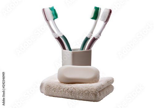 soap and toothbrushes isolated on a transparent or white background photo