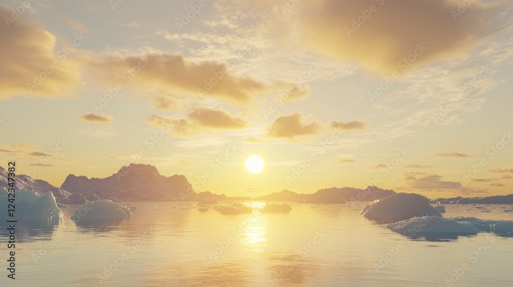 Stunning Sunset Over Glacial Landscape with Floating Icebergs Stunning Sunset Over Glacial Landscape with Floating Icebergs