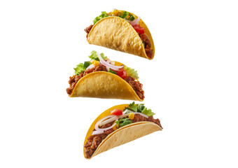 Collection Tacos flying isolated on a transparent or white background