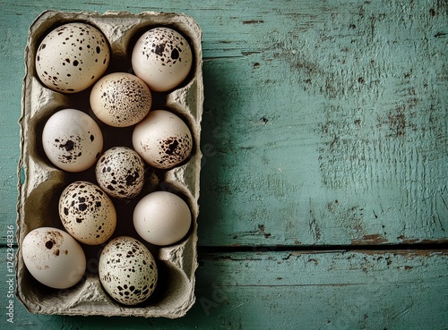 Quail eggs carton rustic wood background photo