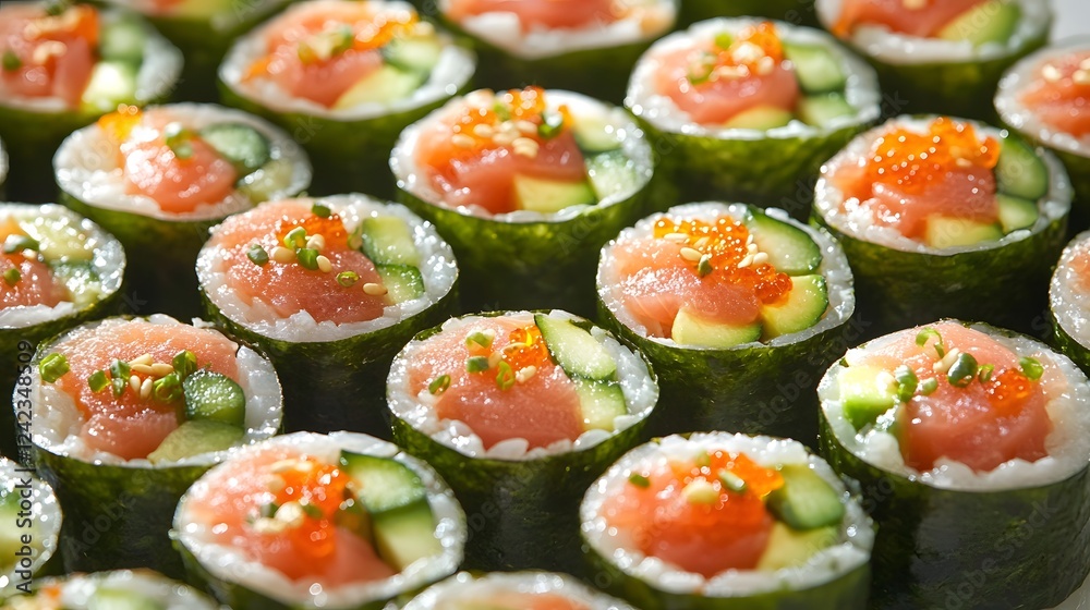 Vibrant and Flavorful Maki Sushi Rolls with Cucumber Avocado and Spicy Tuna Vibrant and Flavorful Maki Sushi Rolls with Cucumber Avocado and Spicy Tuna