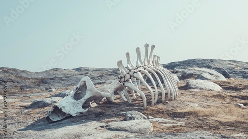 Whale Bones Resting on Rocky Tundra Under Clear Blue Sky