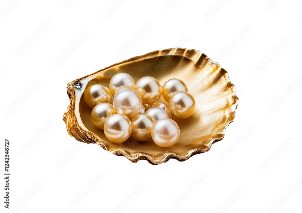 Golden Pearls in a Golden Oyster Shell Isolated on Transparent or White Background Golden Pearls in a Golden Oyster Shell Isolated on Transparent or White Background