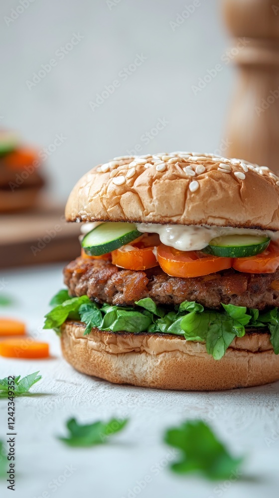 Delicious Veggie Burger with Sesame Bun Fresh Tomatoes and Cucumbers Delicious Veggie Burger with Sesame Bun Fresh Tomatoes and Cucumbers