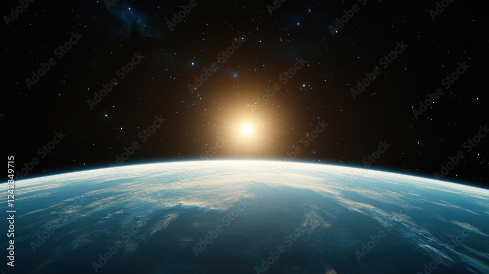 Fototapeta premium breathtaking view of Earth from space, showcasing horizon and radiant sun rising above atmosphere, surrounded by stars