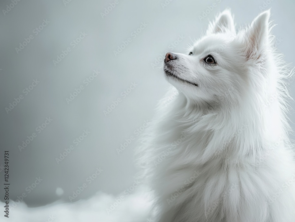 Fototapeta premium White dog gazing upwards at the clear blue sky during a sunny day outdoors