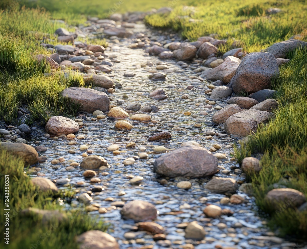 Stream flows through rocks, meadow; sunny day Stream flows through rocks, meadow; sunny day