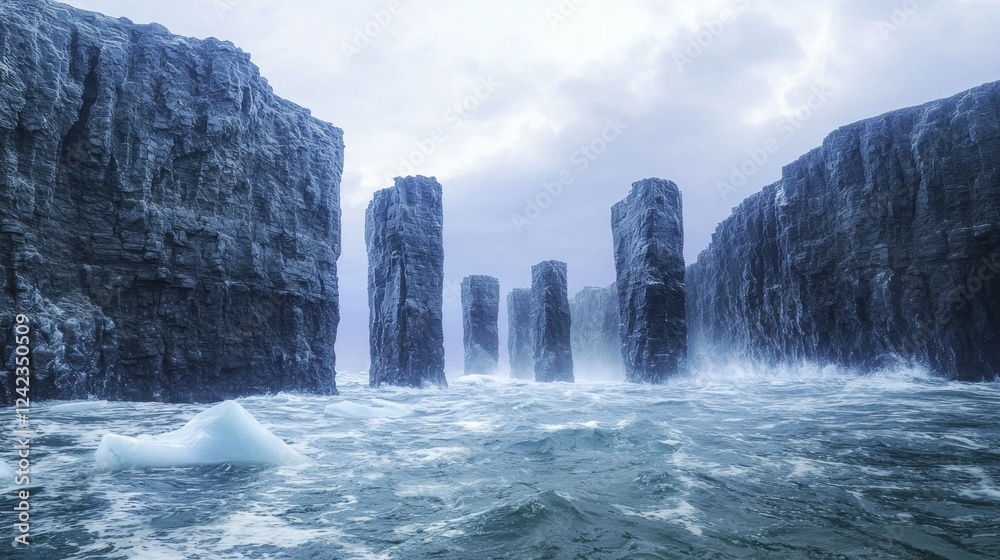 Fototapeta premium Majestic Steep Basalt Columns Rising from Turbulent Ocean Waters