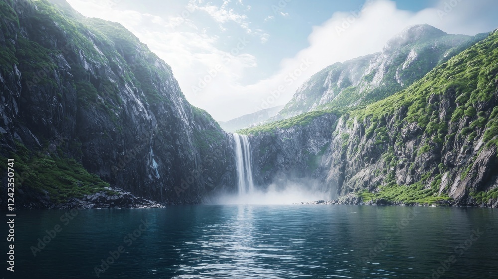 Fototapeta premium Majestic Waterfall Cascading Down Steep Hillside into Serene Waters