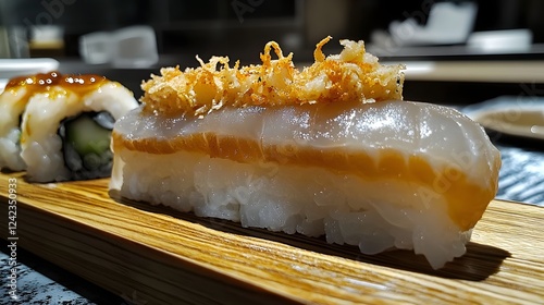 Exquisite Omakase Sushi Showcase Artful Nigiri and Intricate Rolls on Minimalist Wood Counter photo