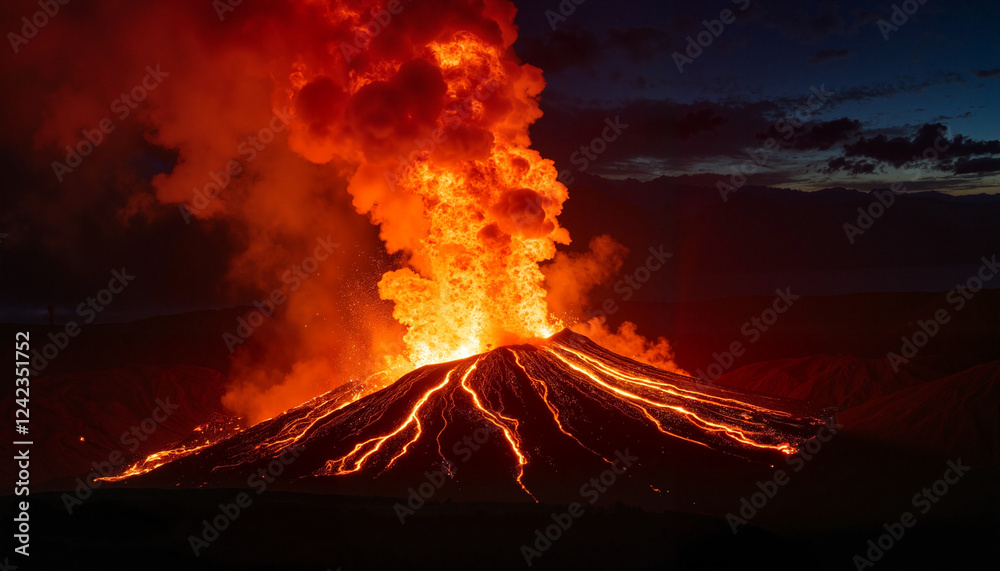 Fototapeta premium Erupting volcano spewing lava and ash at night