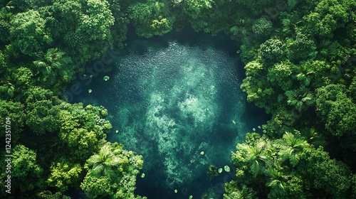 Fototapeta Naklejka Na Ścianę i Meble -  Aerial view of hidden jungle cenote, lush forest