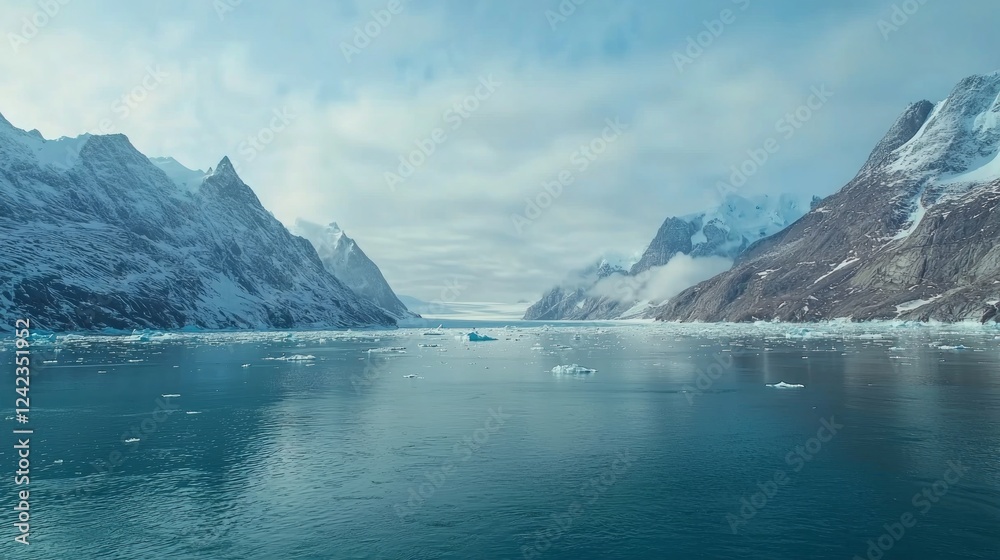 Obraz premium Towering Icebergs in Serene Inlet Surrounded by Majestic Mountains