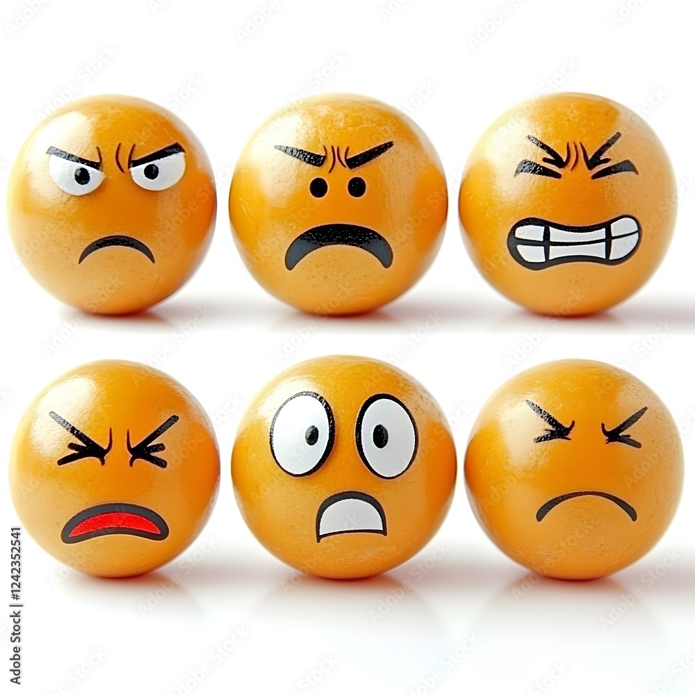 Fototapeta premium Vibrant Emotional Expressions Diverse Facial Reactions Depicted on Orange Spheres
