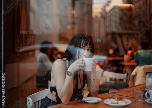 Woman enjoying coffee at cafe
