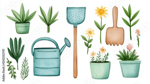 Cute gardening tools & flowers illustration