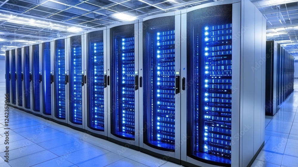 A modern data center with rows of servers illuminated by blue LED lights, showcasing advanced technology and efficiency. Perfect for IT and innovation visuals