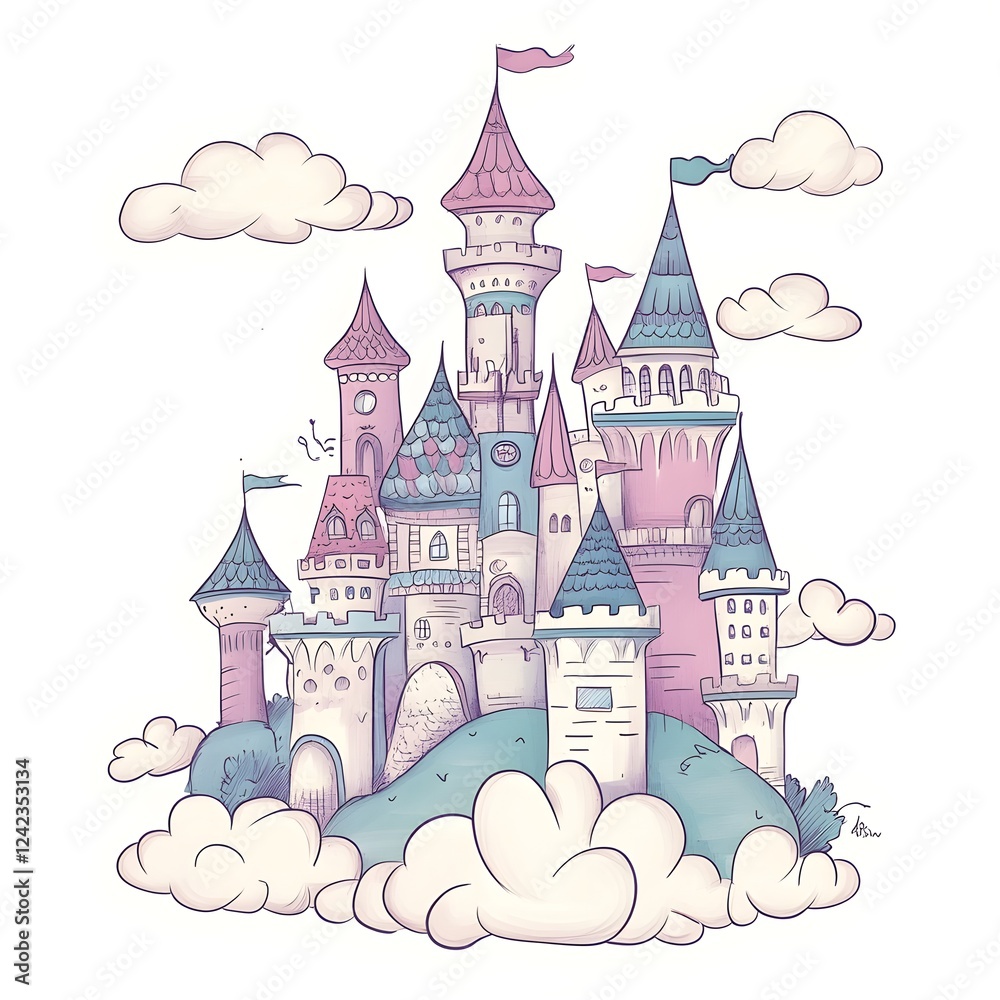 Fototapeta premium Enchanting Doodle of Fantasy Castle on a Hill Surrounded by Clouds