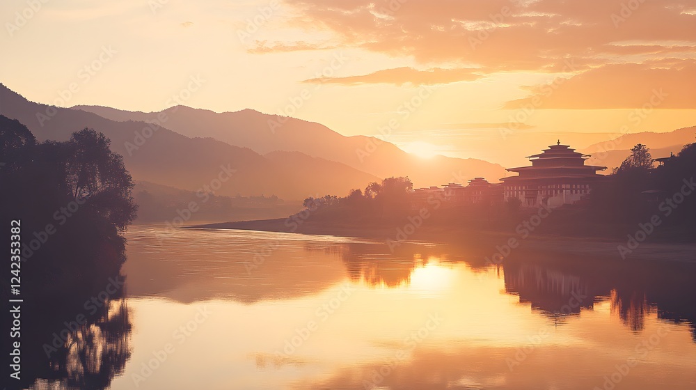 Obraz premium Enchanting Sunset Over Punakha Dzong with Reflection on Water