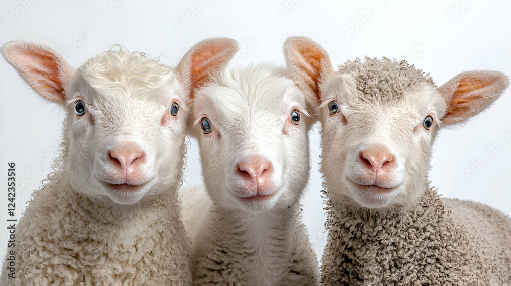 Obraz premium Three cute white lambs looking directly at the camera against a clean white studio background.