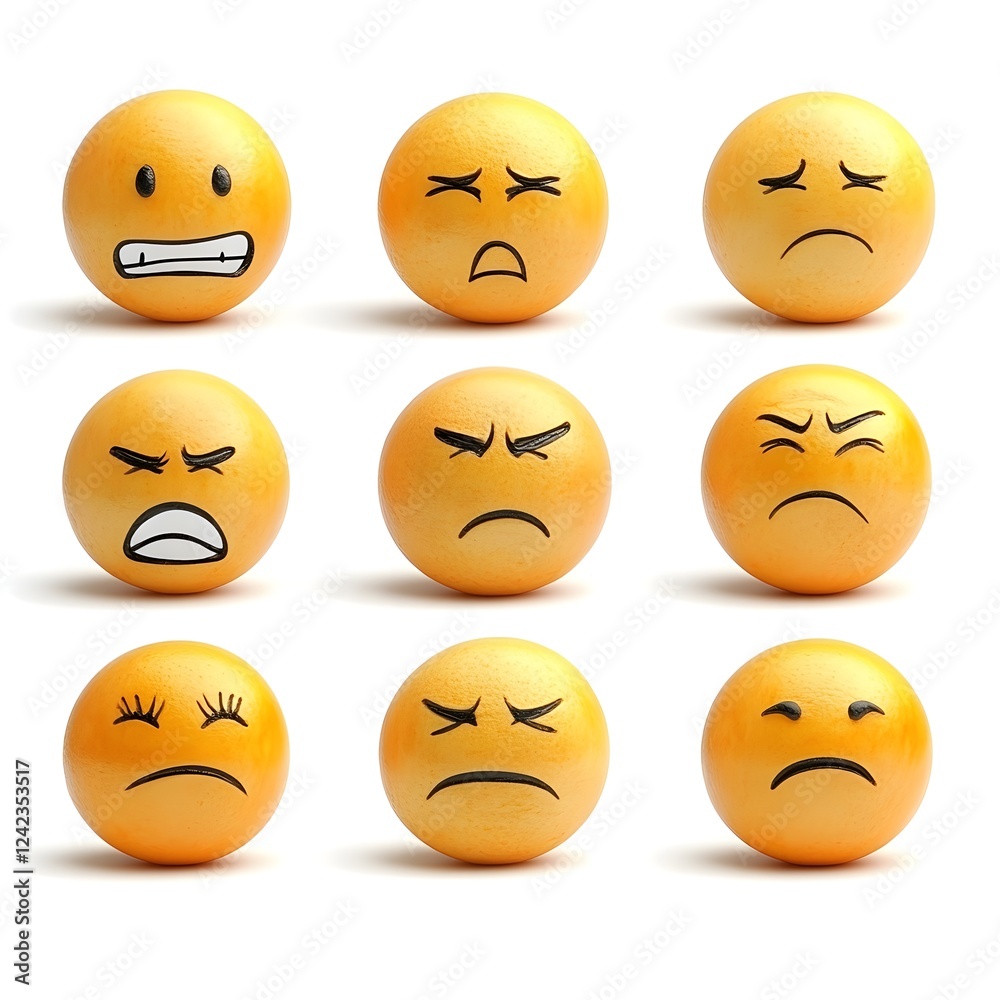 Fototapeta premium Diverse emotional expressions depicted in a set of expressive emoji style icons on a plain white background