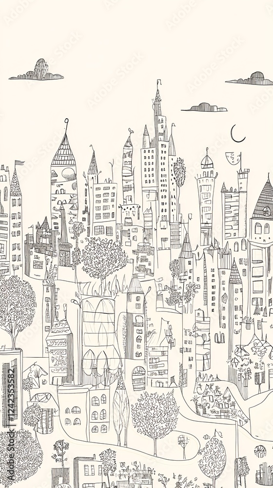 Naklejka premium Engaging Doodle of an Imaginative Cityscape in Monochrome Style