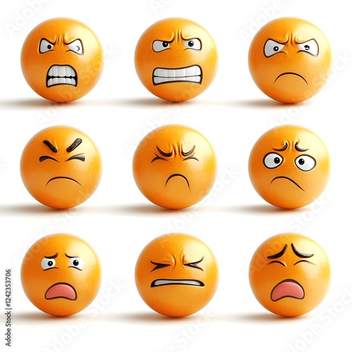 Diverse Emotional Expressions on Orange Spheres Showcasing Genuine Human Feelings of Anger  and Displeasure photo