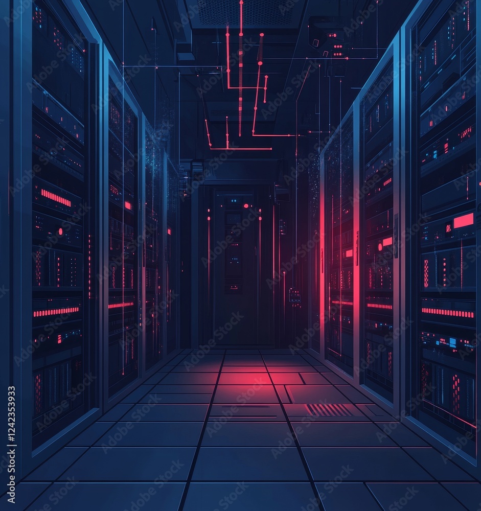 Dark server room, data center, glowing racks, network infrastructure, digital technology Dark server room, data center, glowing racks, network infrastructure, digital technology