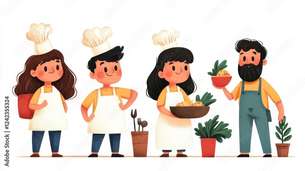 Playful Character Illustrations of Chefs Preparing Healthy Dishes Playful Character Illustrations of Chefs Preparing Healthy Dishes